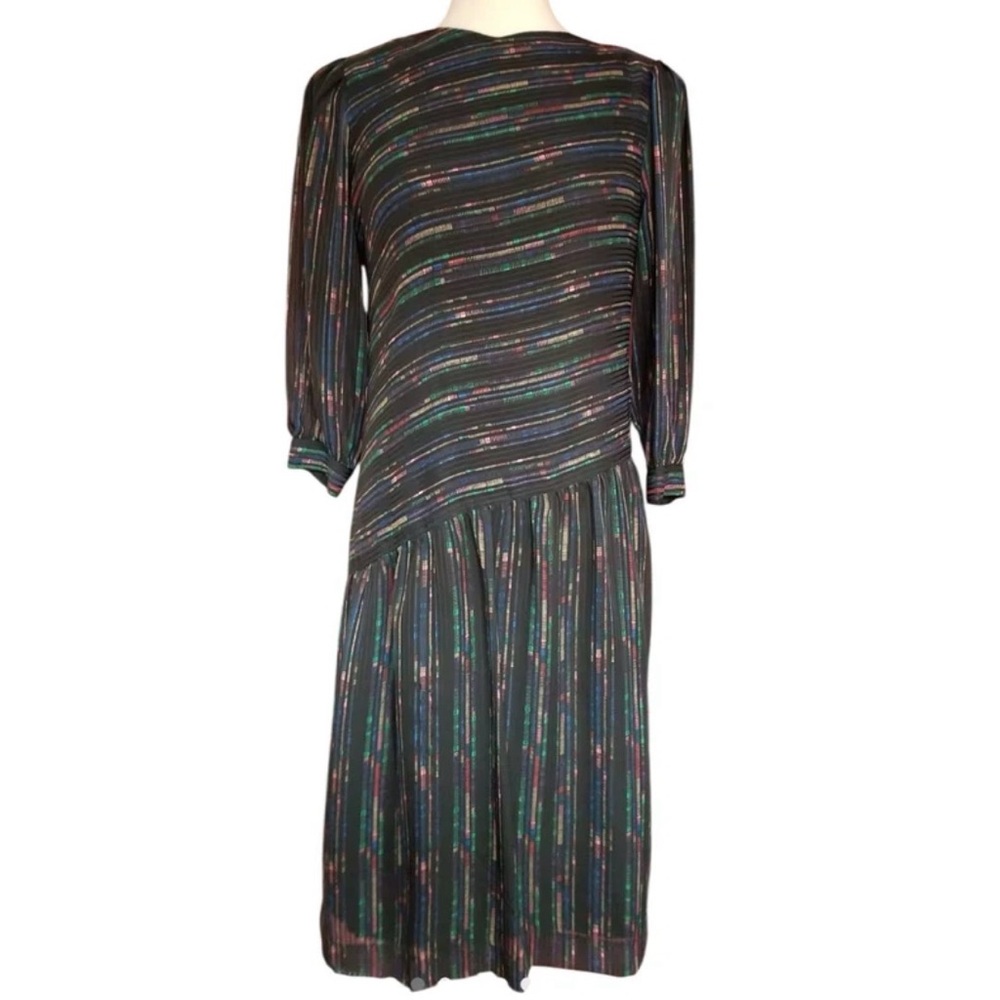 Vintage 1980s Leslie Fay asymmetrical drop-waist black rainbow long sleeve dress